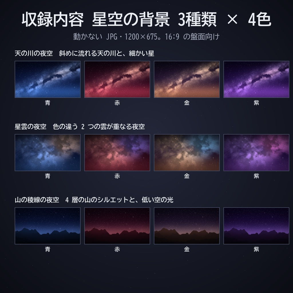 星空の部屋セット|ココフォリア用 星空背景・瞬く星・月明かり・オーロラ素材 背景3種+動く素材×4色 JPG/APNG/WebP