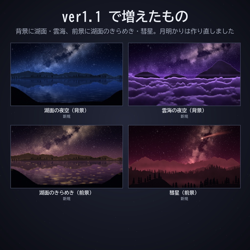 星空の部屋セット|ココフォリア用 星空背景・湖面・雲海・彗星・月明かり・オーロラ素材 背景5種+動く素材5種×4色 JPG/APNG/WebP