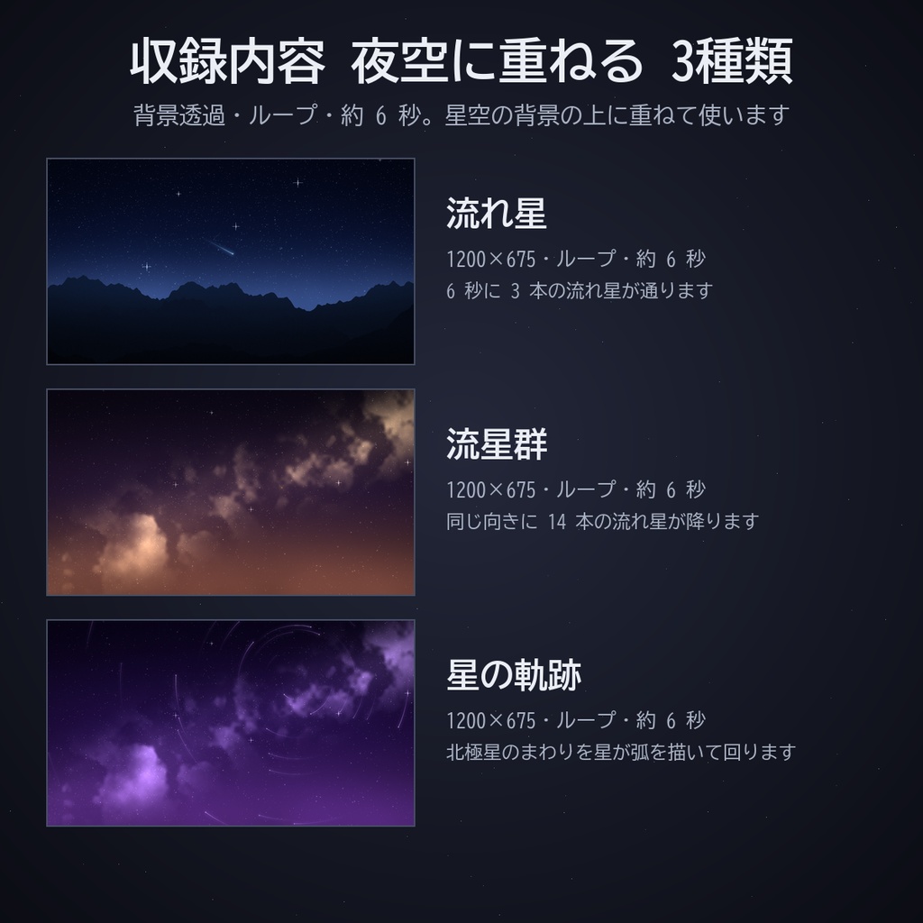 星空のフレームセット|ココフォリア用 動く星座・月・星屑フレームと流れ星・流星群・星の軌跡 4色 APNG/WebP