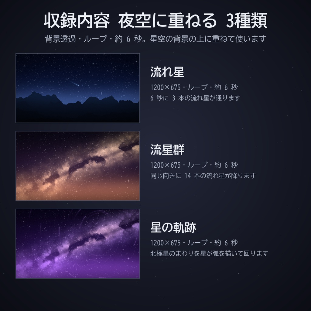 星空のフレームセット|ココフォリア用 動く星座・月・星屑フレームと流れ星・流星群・星の軌跡 4色 APNG/WebP