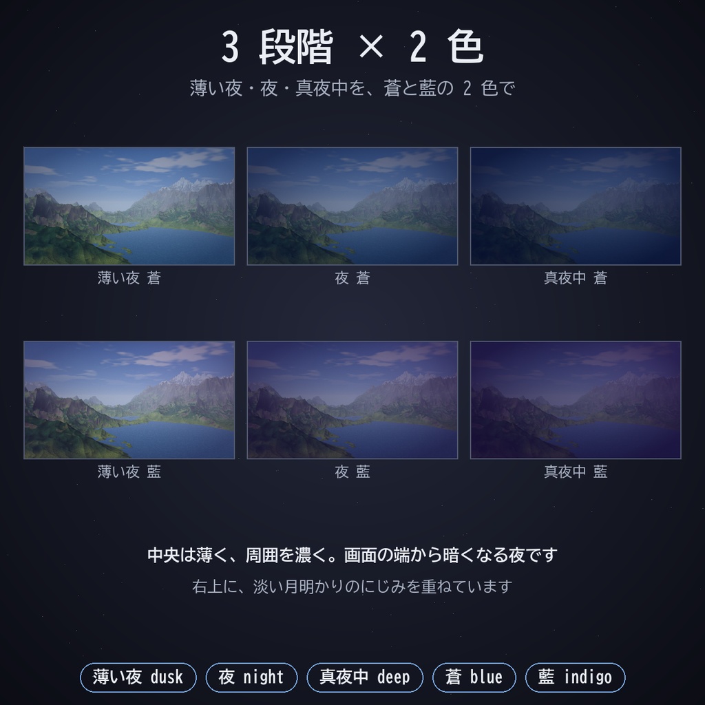 夜にするフィルター|ココフォリア用 夕焼け・夜明け・曇り・月夜・夜 画面の時間帯を変える重ね画像 動く月明かり・雲の影・星の瞬き【無料】
