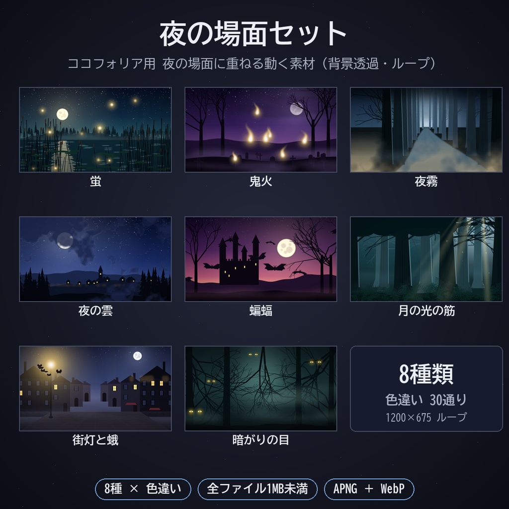 夜の場面セット｜ココフォリア用 蛍・鬼火・夜霧・蝙蝠・月の光・街灯と蛾・暗がりの目 動く素材8種 APNG／WebP