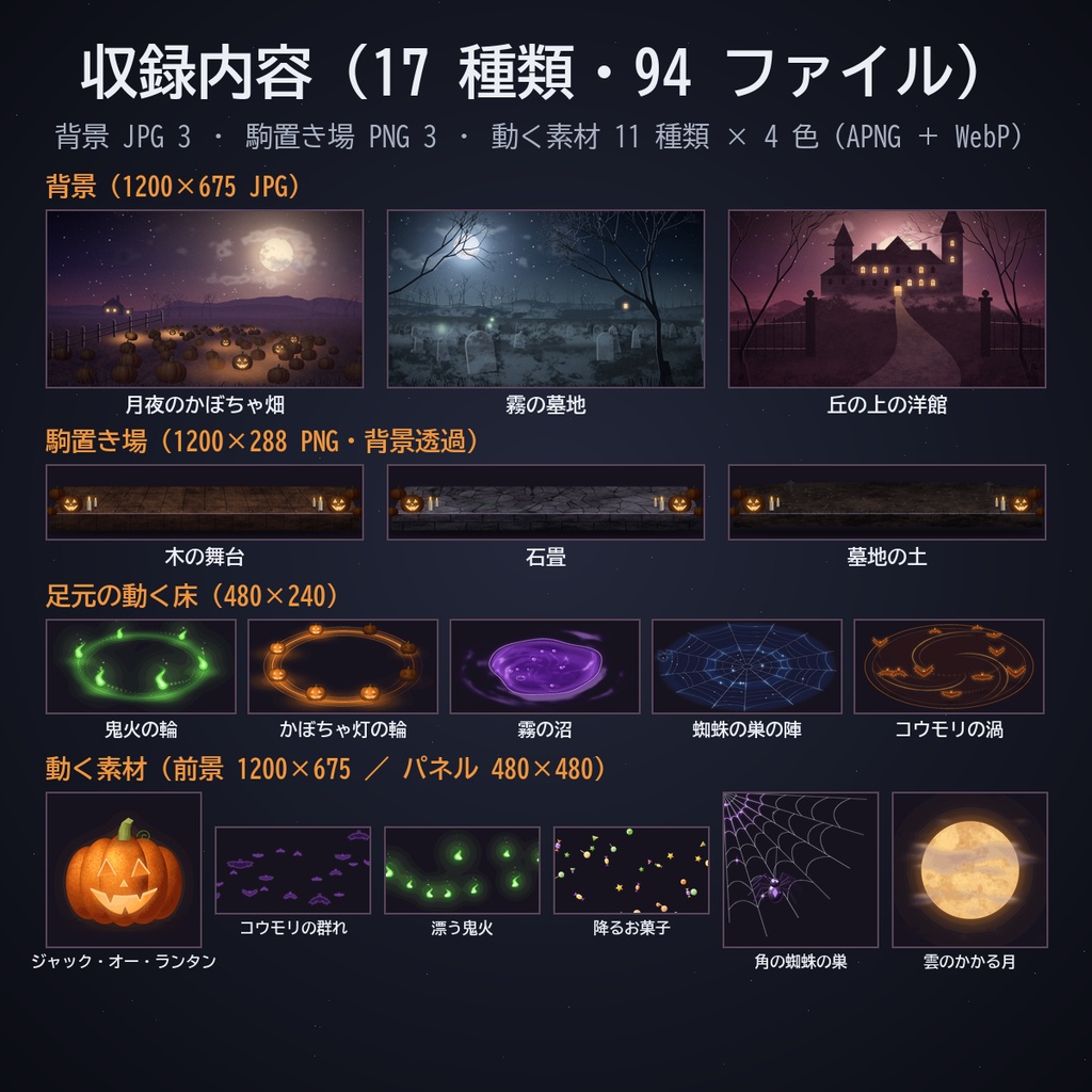 ハロウィンの部屋セット|ココフォリア用 背景・駒置き場・足元の床・かぼちゃ/コウモリほか動く素材 4色 JPG/PNG/APNG/WebP