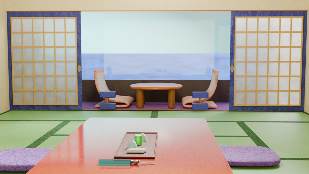 海が見える旅館風の室内と小道具