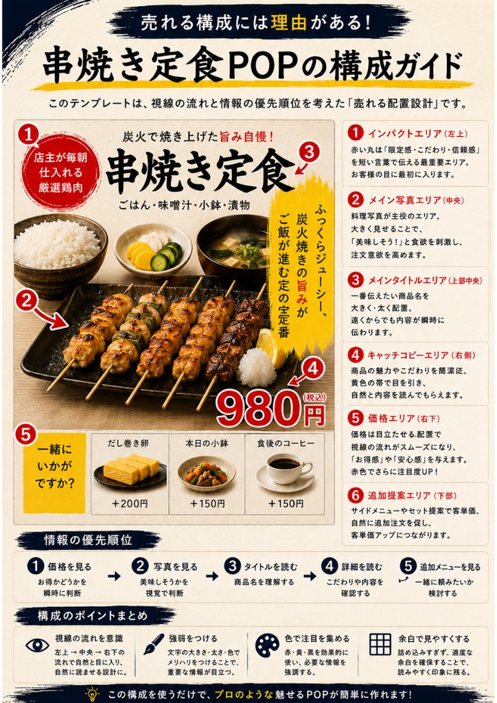 コンサルタント監修・解説付き Canva飲食店POPテンプレ【串焼き万能テンプレート】