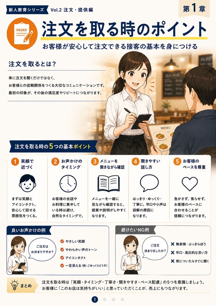 飲食店コンサル監修 新人教育シリーズ | Vol.2 新人教育 Vol.2 注文・提供編 ミスを減らし、お客様満足につながる接客技術
