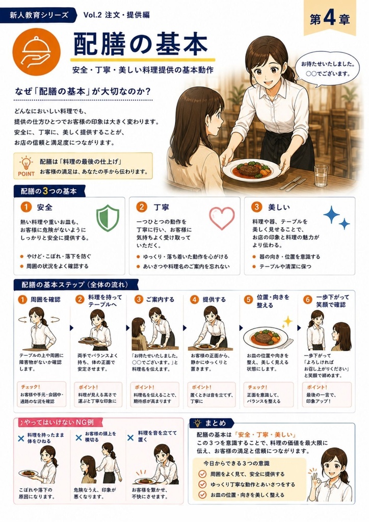 飲食店コンサル監修 新人教育シリーズ | Vol.2 新人教育 Vol.2 注文・提供編 ミスを減らし、お客様満足につながる接客技術