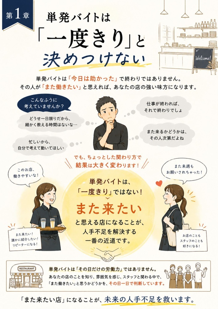 【飲食店向け】単発バイト活用・受け入れ実践ガイド Vol.3|人手不足対策・現場改善・スタッフ定着