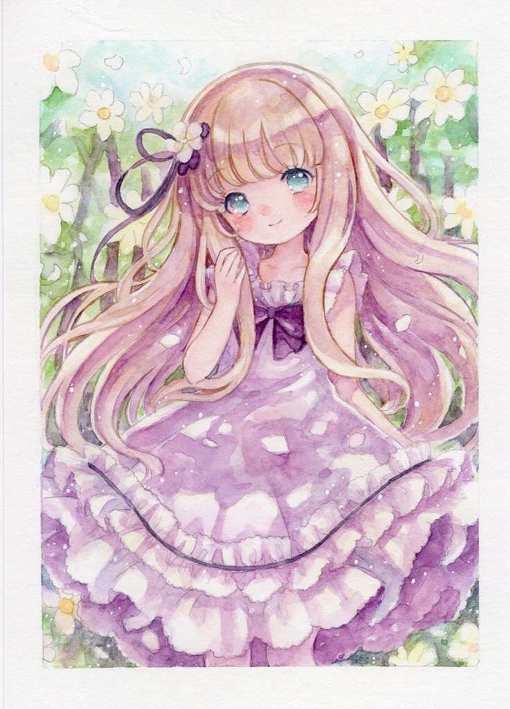 手描きイラスト アナログ 原画 創作 桜の花と少女 ポストカード 透明 
