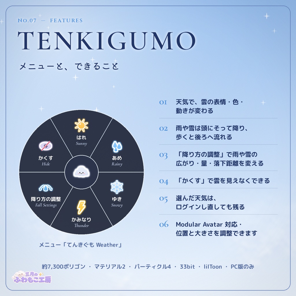 てんきぐも Tenkigumo ― 天気で表情が変わる雲の髪飾り【VRChat・MA対応】