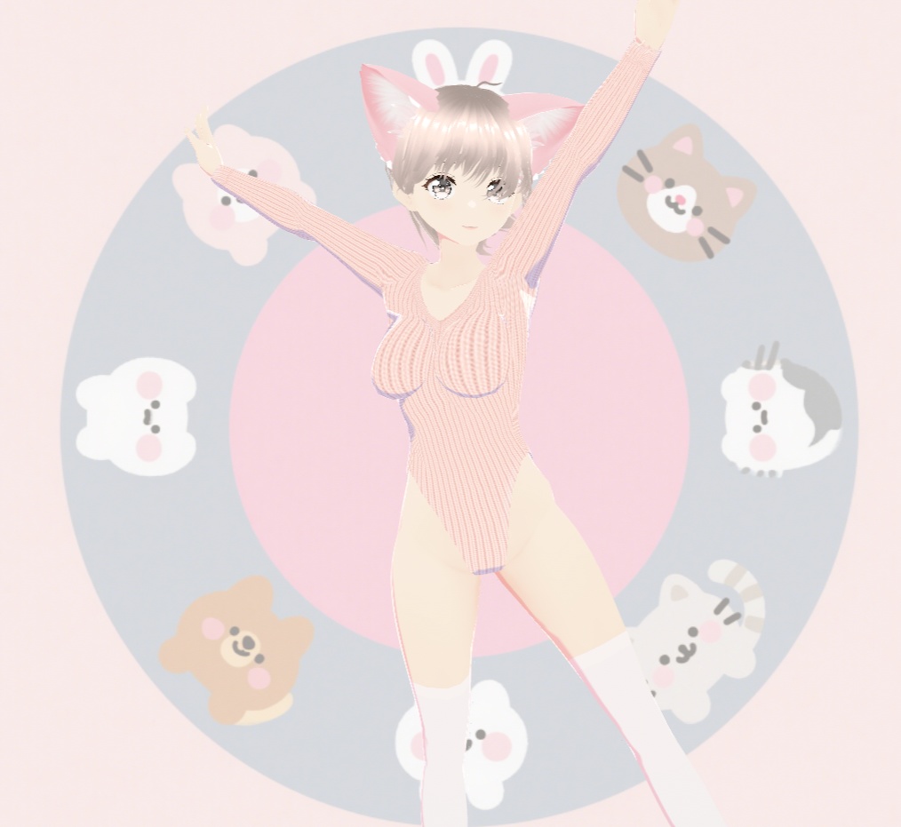 【VRoid・VRChat対応】ピンクの猫耳&つなぎ服セット|可愛いオールインワン衣装【VRM衣装データ】
