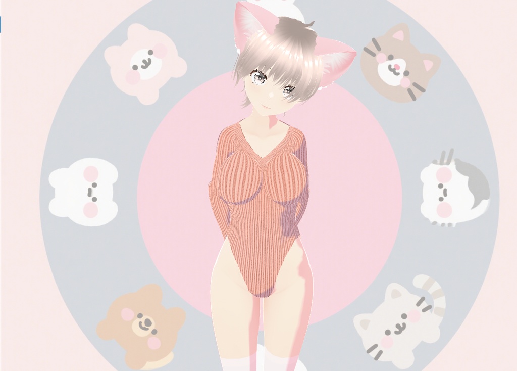 【VRoid・VRChat対応】ピンクの猫耳&つなぎ服セット|可愛いオールインワン衣装【VRM衣装データ】