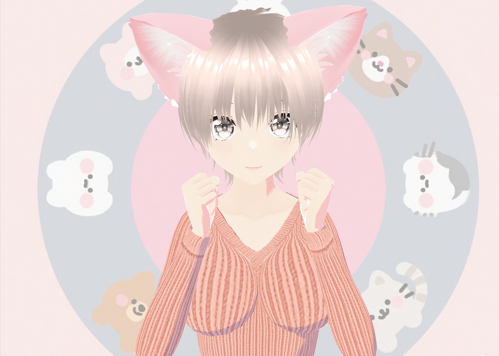 【VRoid・VRChat対応】ピンクの猫耳&つなぎ服セット|可愛いオールインワン衣装【VRM衣装データ】