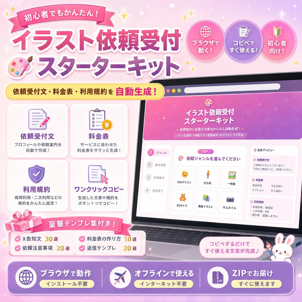 イラスト依頼受付スターターキット｜依頼文・料金表・利用規約を自動生成