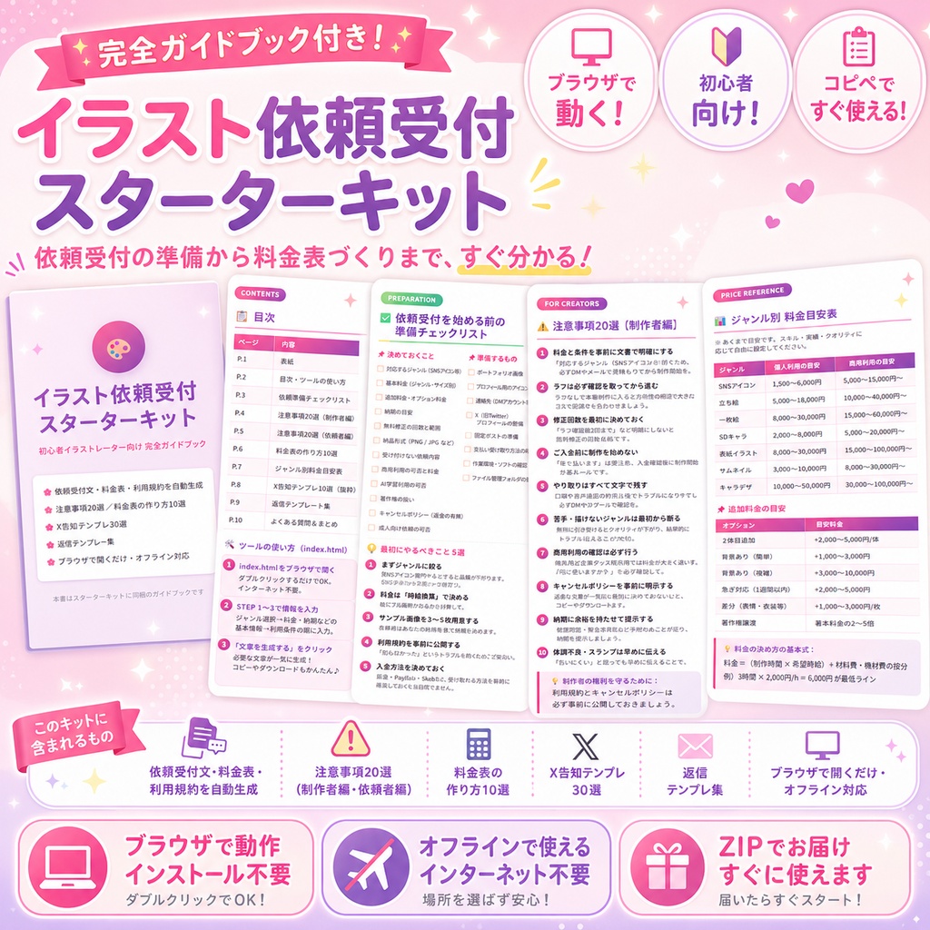 イラスト依頼受付スターターキット|依頼文・料金表・利用規約を自動生成