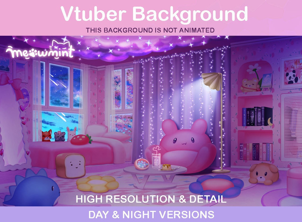 Pink Bedroom Vtuber Background - NIGHT version - Vtuber のかわいいピンクの寝室の背景
