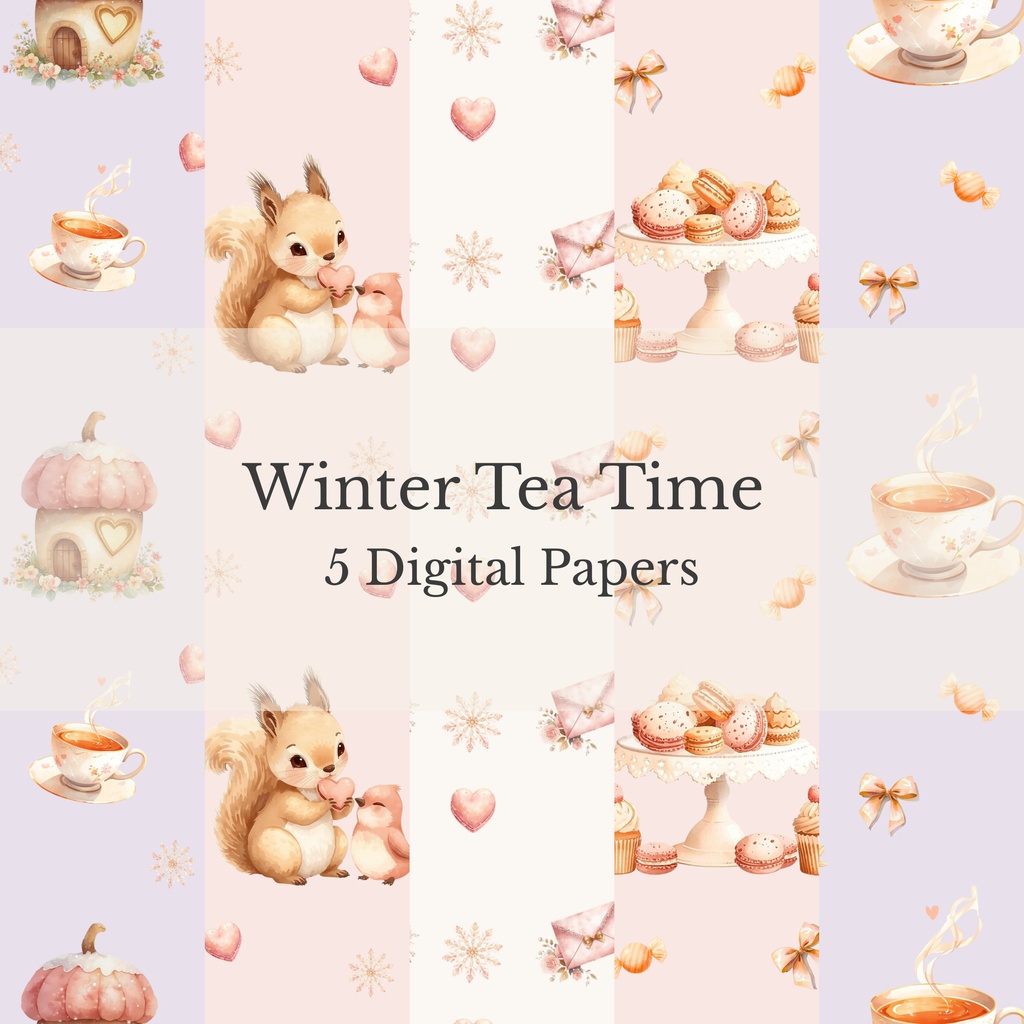 ふんわり冬のティータイム*デジタルペーパー5点セット|ピンク&ラベンダー