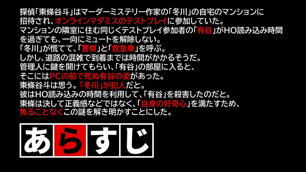 倒叙型マーダーミステリー「東條谷斗は焦らない~回線上のアリヤ(Ariya on the line)~」