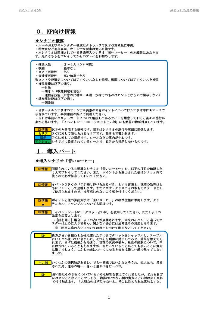 【CoC】001「吊るされた男の部屋」(2~4人向け)