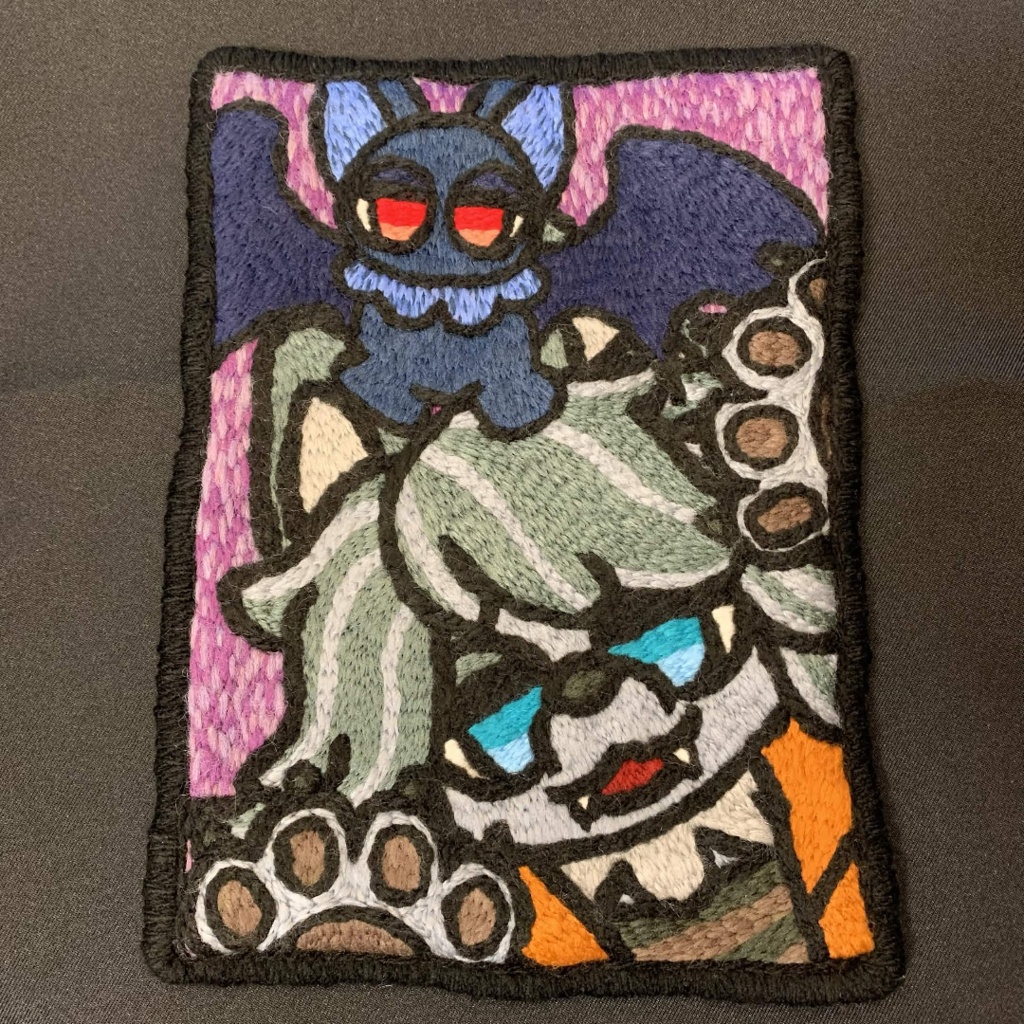 【壁掛け刺繍】オオカミの子とコウモリ