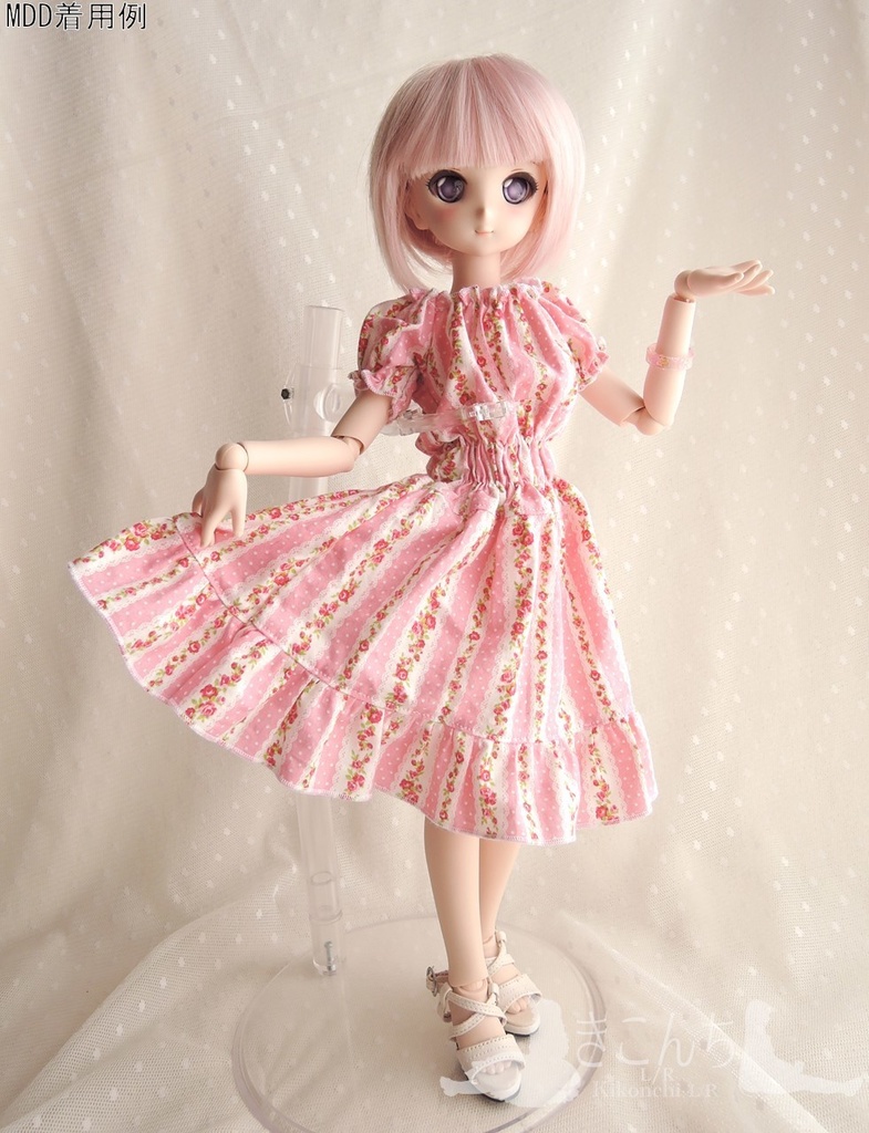 1/3ドール用 バラレース柄 シャーリングワンピース ピンク