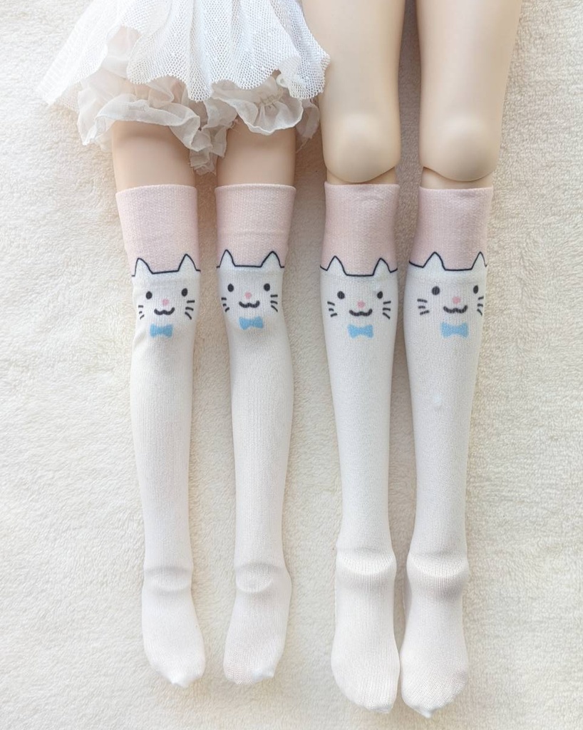 再販 1/3ドール用フリーサイズ ハイソックス オリジナルプリント 白猫
