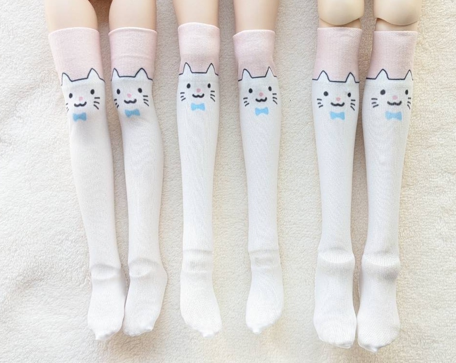 再販 1/3ドール用フリーサイズ ハイソックス オリジナルプリント 白猫