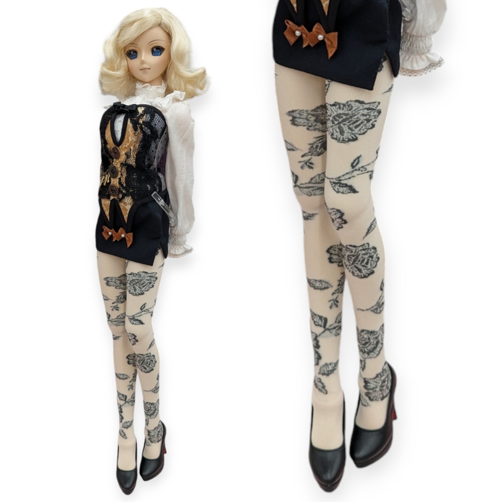 DD系サイズ ハイゲージタイツ 薔薇 アイボリー×グレー DDDy着用可