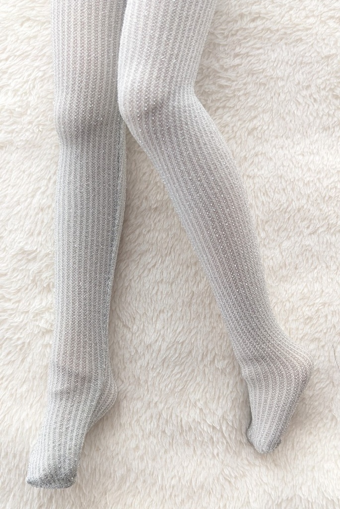 MDD系サイズ ハイゲージタイツ ラメストライプ ライトグレー×銀