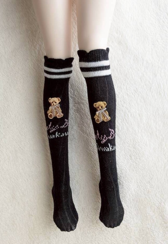 新作 1/3フリーサイズニーソックス ダブルライン ブラック くまさん MDD~DDDyまで着用可のソックス