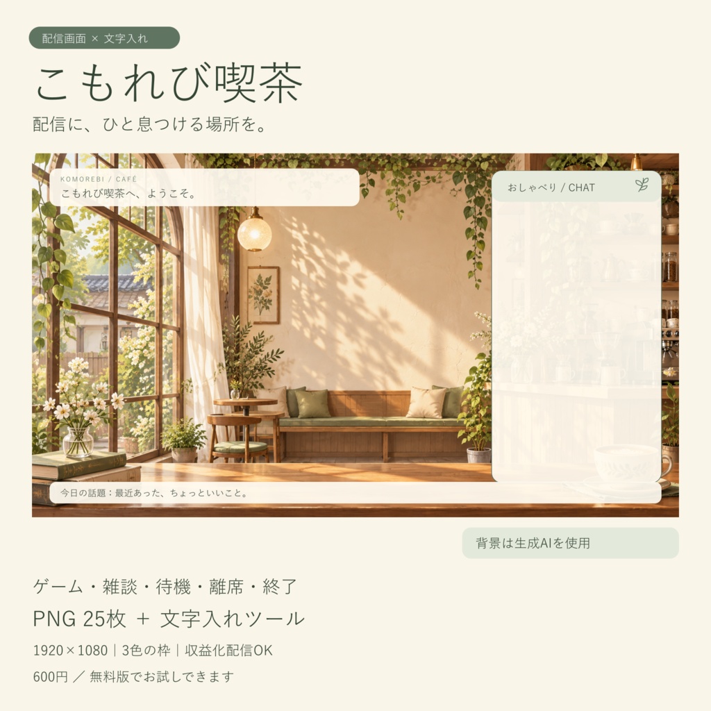 【無料版あり】こもれび喫茶｜配信画面セット・PNG25枚＋文字入れツール｜ゲーム・雑談・待機