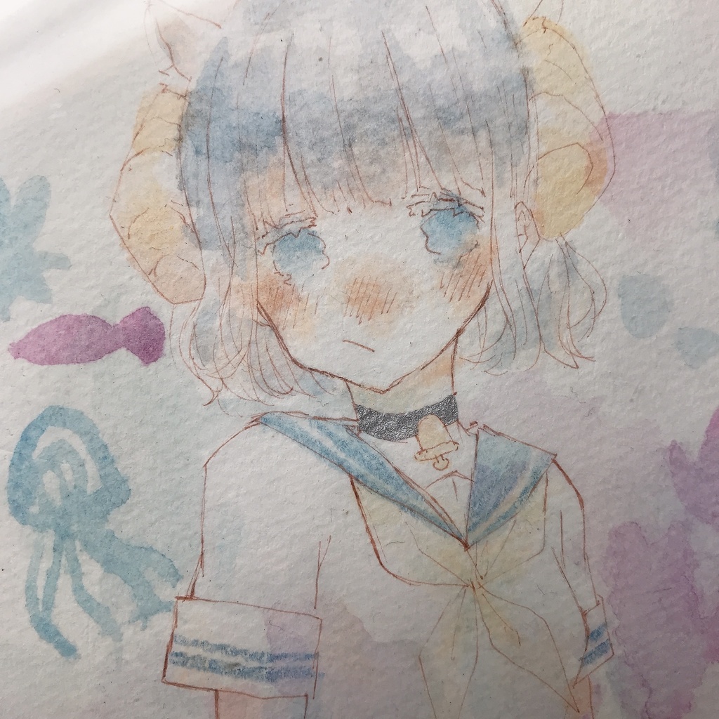 【水彩】うみとひつじ