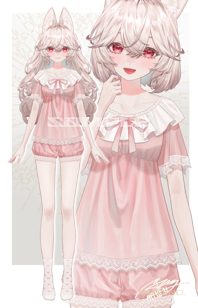 ふんわりガーリーうさ耳少女🎀髪型3種&衣装3種&表情差分14種付き【限定1点】