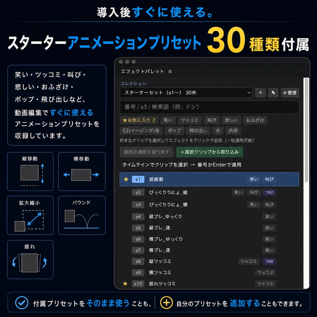 【Premiere Pro用・macOS版】エフェクトを1キー/1クリックで適用|時短プラグイン「エフェクトパレット」