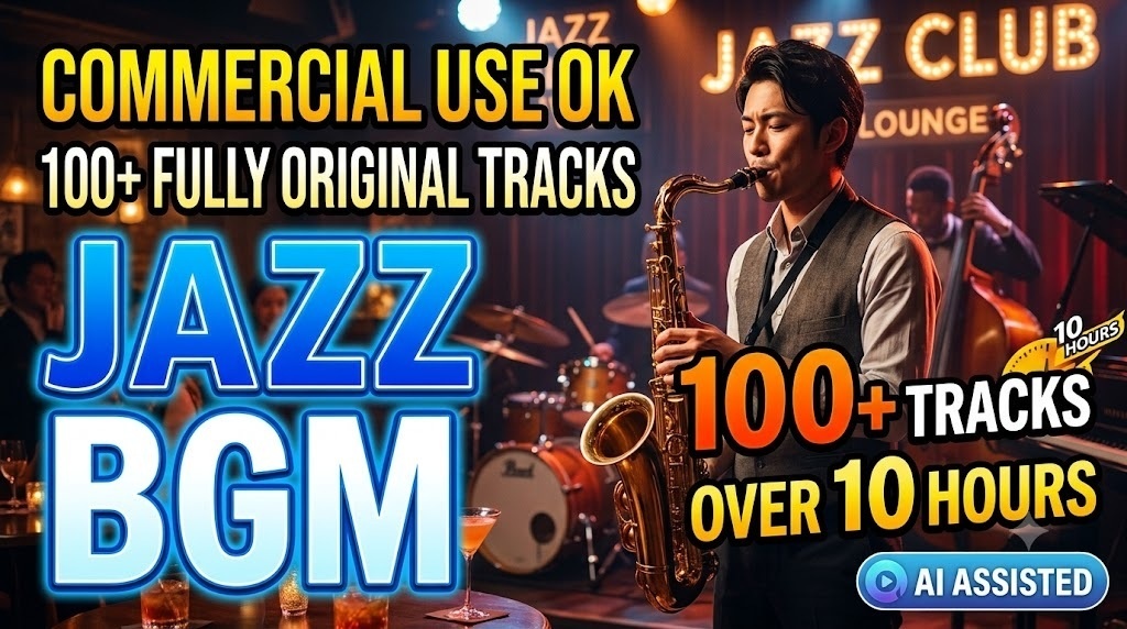 JAZZ BGM 100曲以上 10時間超え 商用OK 完全オリジナル曲 AI使用 // 100+ Premium Jazz Tracks | 10+ Hours of AI-Generated, 100% Original Music (Commercial Use OK)