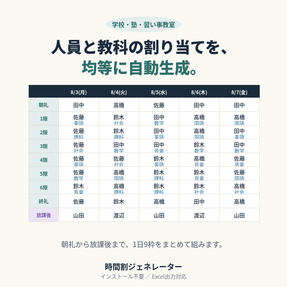 時間割ジェネレーター|人員と教科の割り当てを自動生成