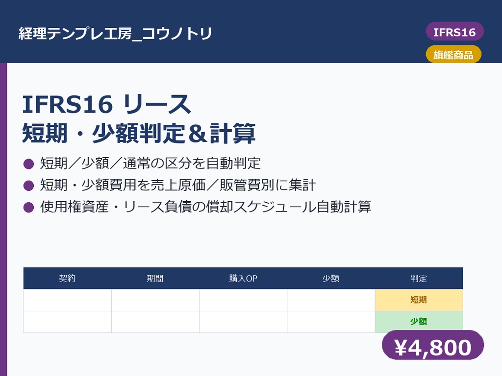 【IFRS16】リース判定・使用権資産計算テンプレ｜短期/少額判定から償却スケジュールまで