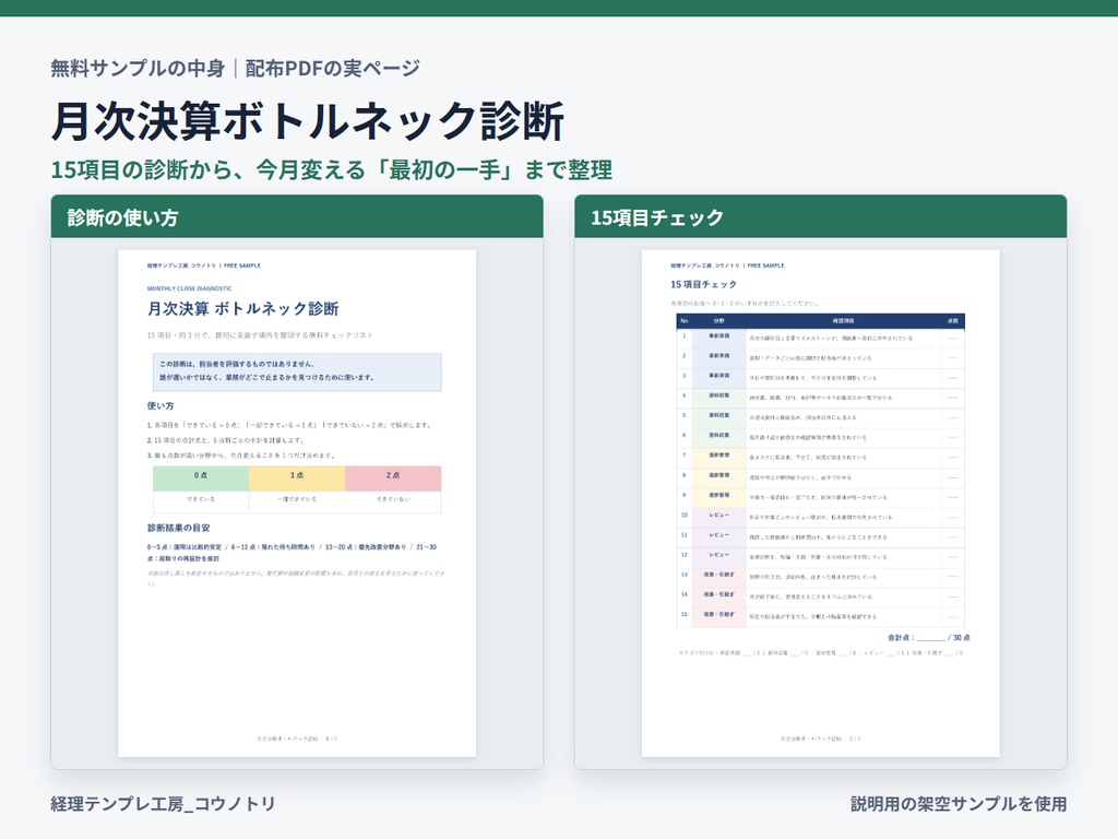 【無料】月次決算ボトルネック診断チェックリスト|15項目・約3分で原因を整理