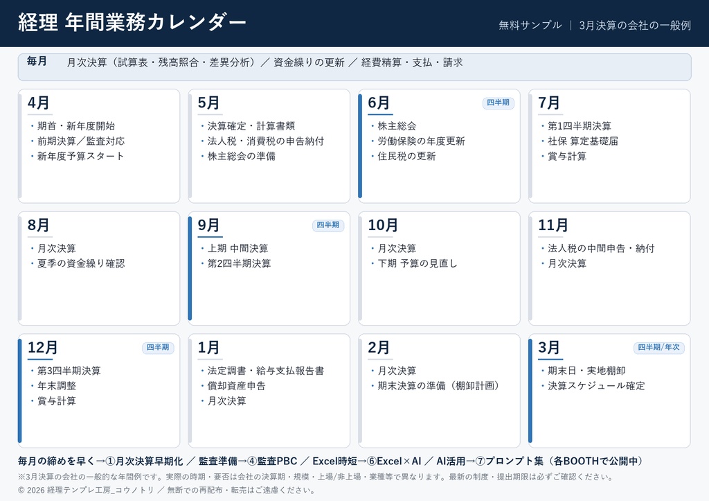 【無料】経理 年間業務カレンダー(1枚)|毎月・四半期・年次決算・税務・監査・労務を俯瞰