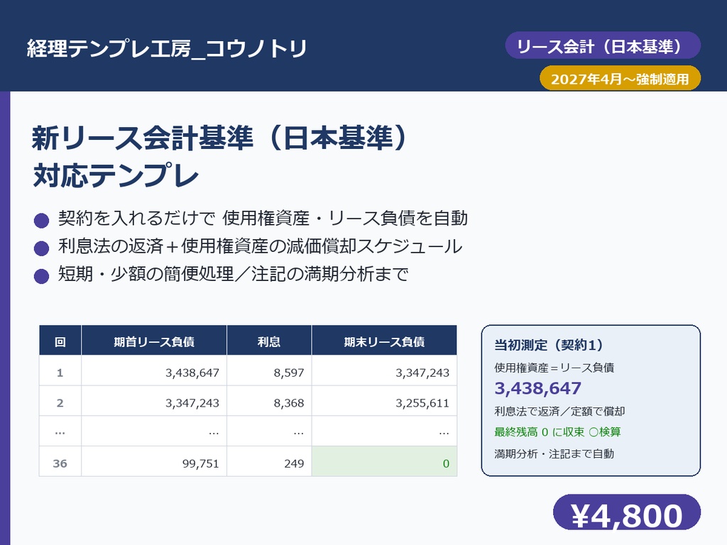 【経理】新リース会計基準(日本基準)対応テンプレ|契約を入れるだけで使用権資産・リース負債を自動計算+利息法の償却スケジュール・注記の満期分析