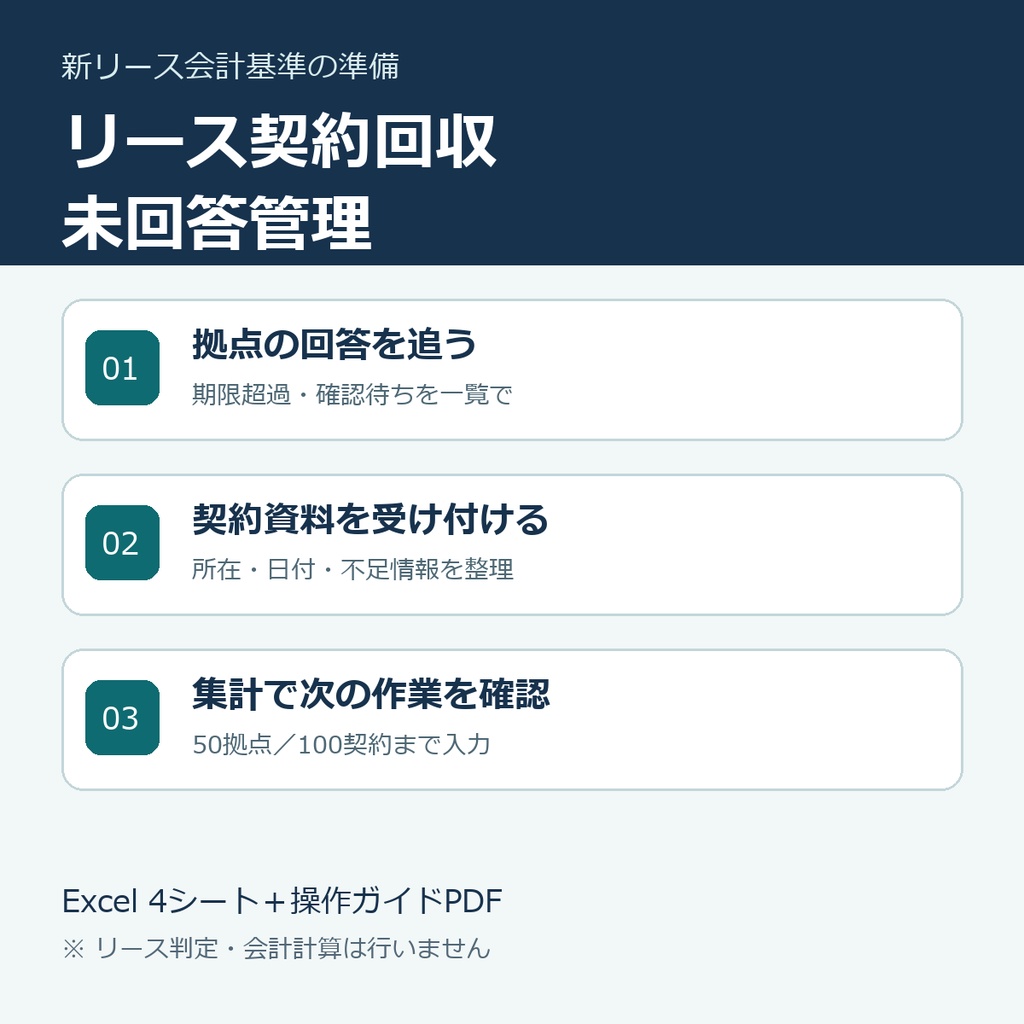 【経理】新リース会計基準の準備｜リース契約回収・未回答管理Excel（50拠点・100契約）