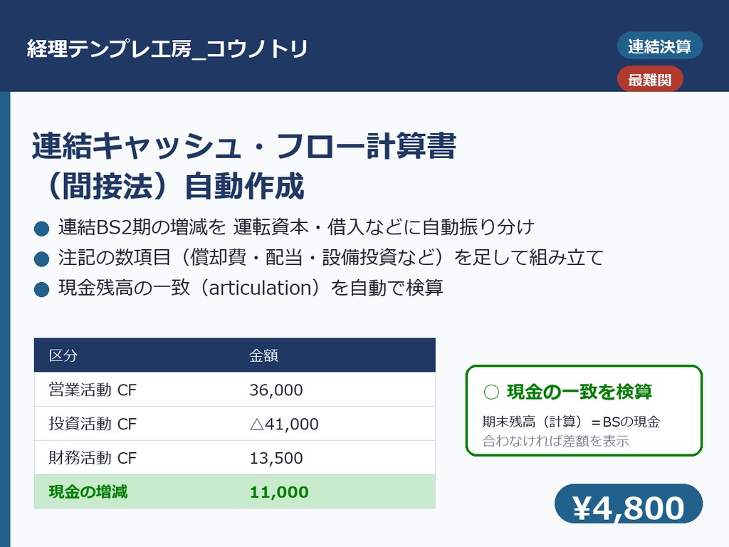 【連結決算】連結キャッシュ・フロー計算書 自動作成テンプレ｜間接法・連結BS2期＋注記の数項目から自動で組み立て、現金の一致を検算