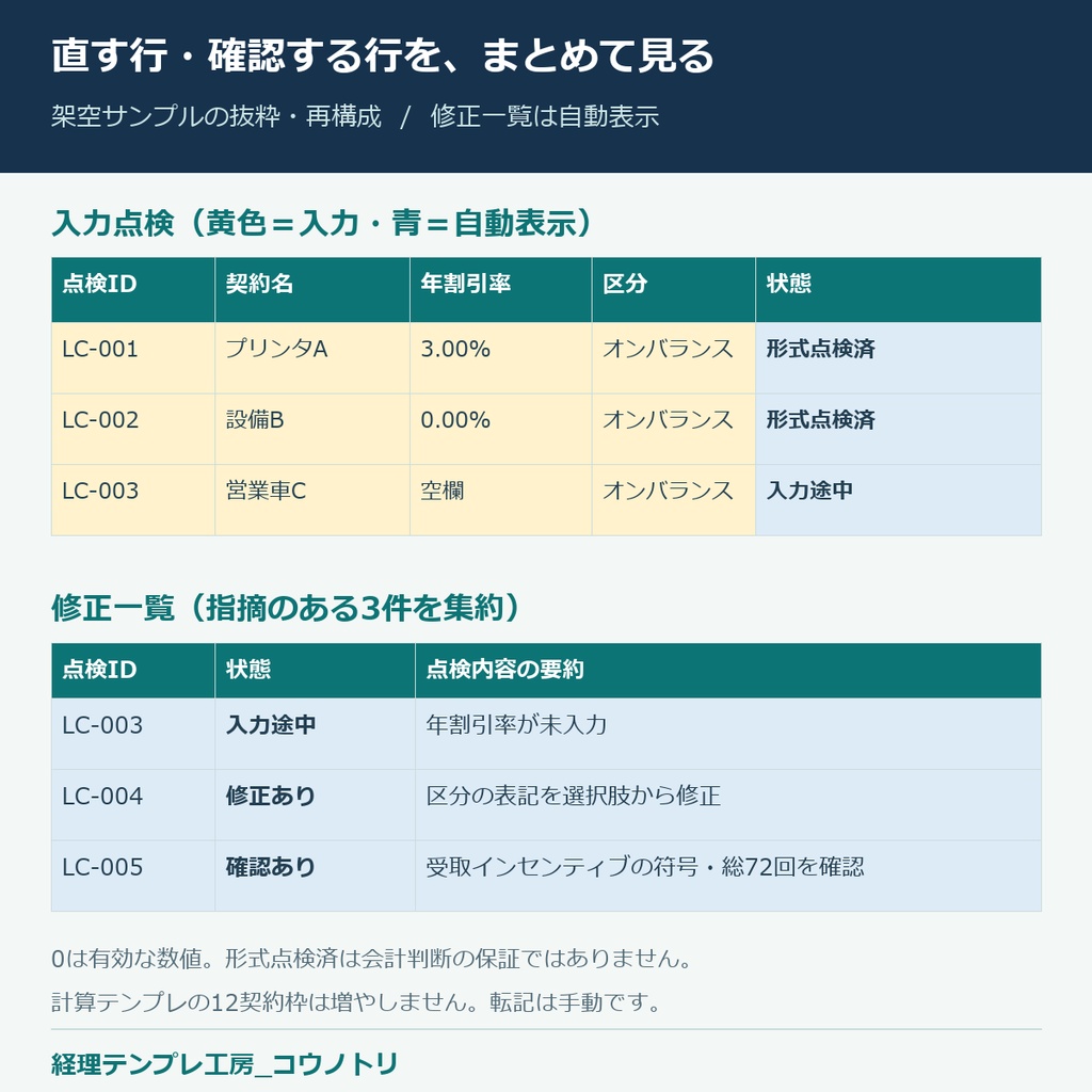 【経理】新リース会計の準備|リース計算入力・前点検Excel(100件)