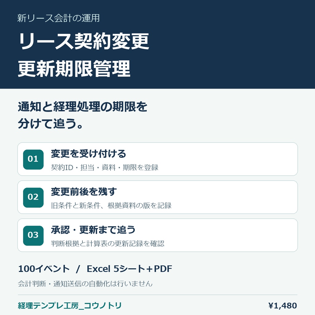 【経理】新リース会計の運用|リース契約変更・更新期限管理Excel(100イベント)