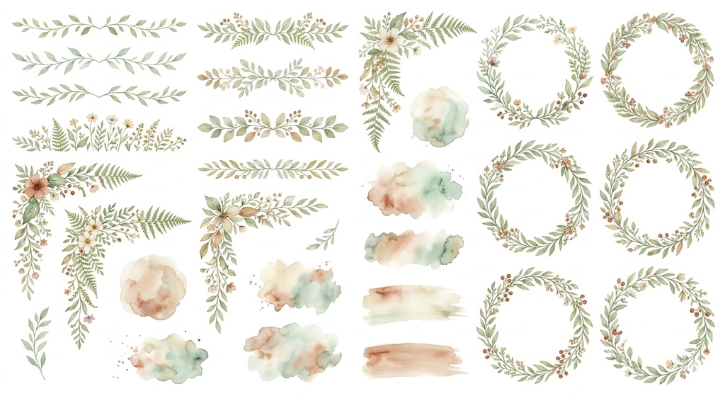 ​【商用利用OK】水彩ボタニカル装飾・あしらい素材パック（背景透過PNG・個別パーツ入）