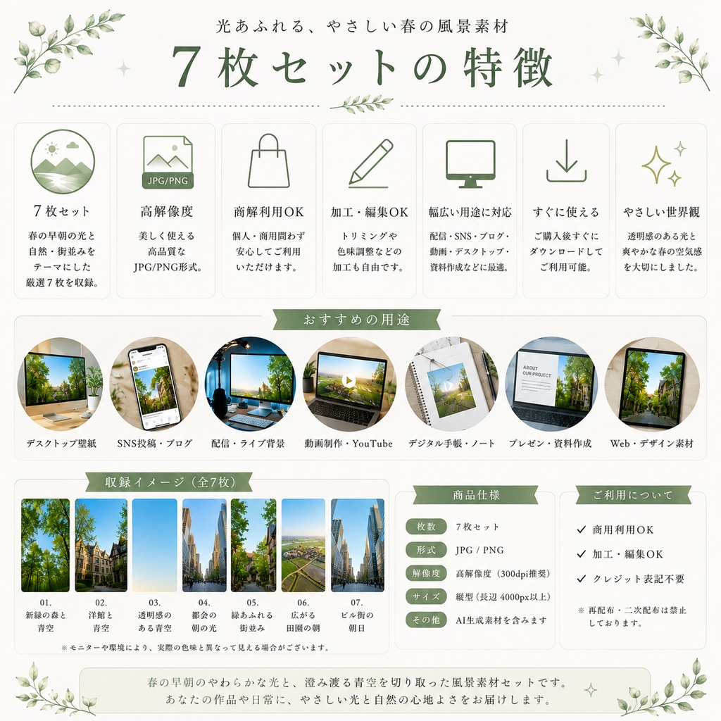 【商用OK】春の早朝快晴の空|光が差し込む、春の朝の風景素材集7枚セット