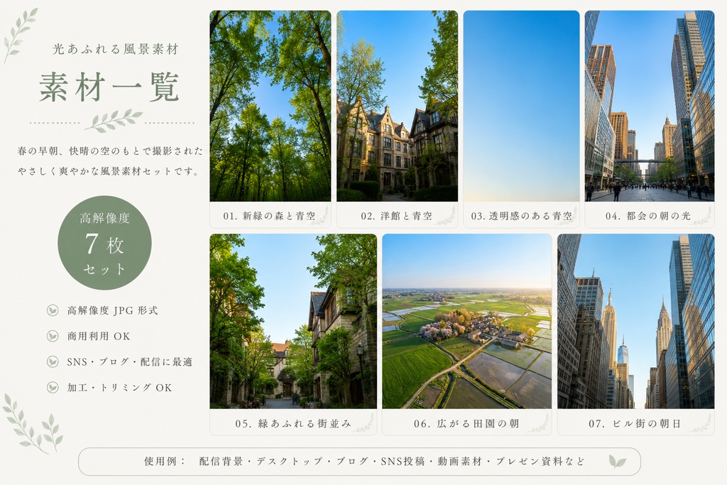 【商用OK】春の早朝快晴の空|光が差し込む、春の朝の風景素材集7枚セット