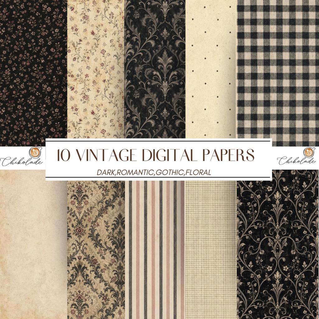 NOIR PETITE FLEUR 10 Vintage Gothic Digital Papers
