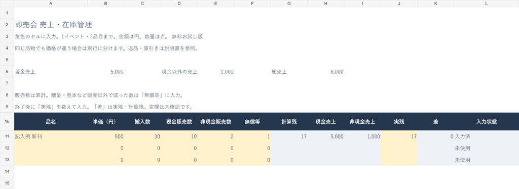 【無料・3品目】即売会の売上・在庫と現金確認 Excelテンプレート