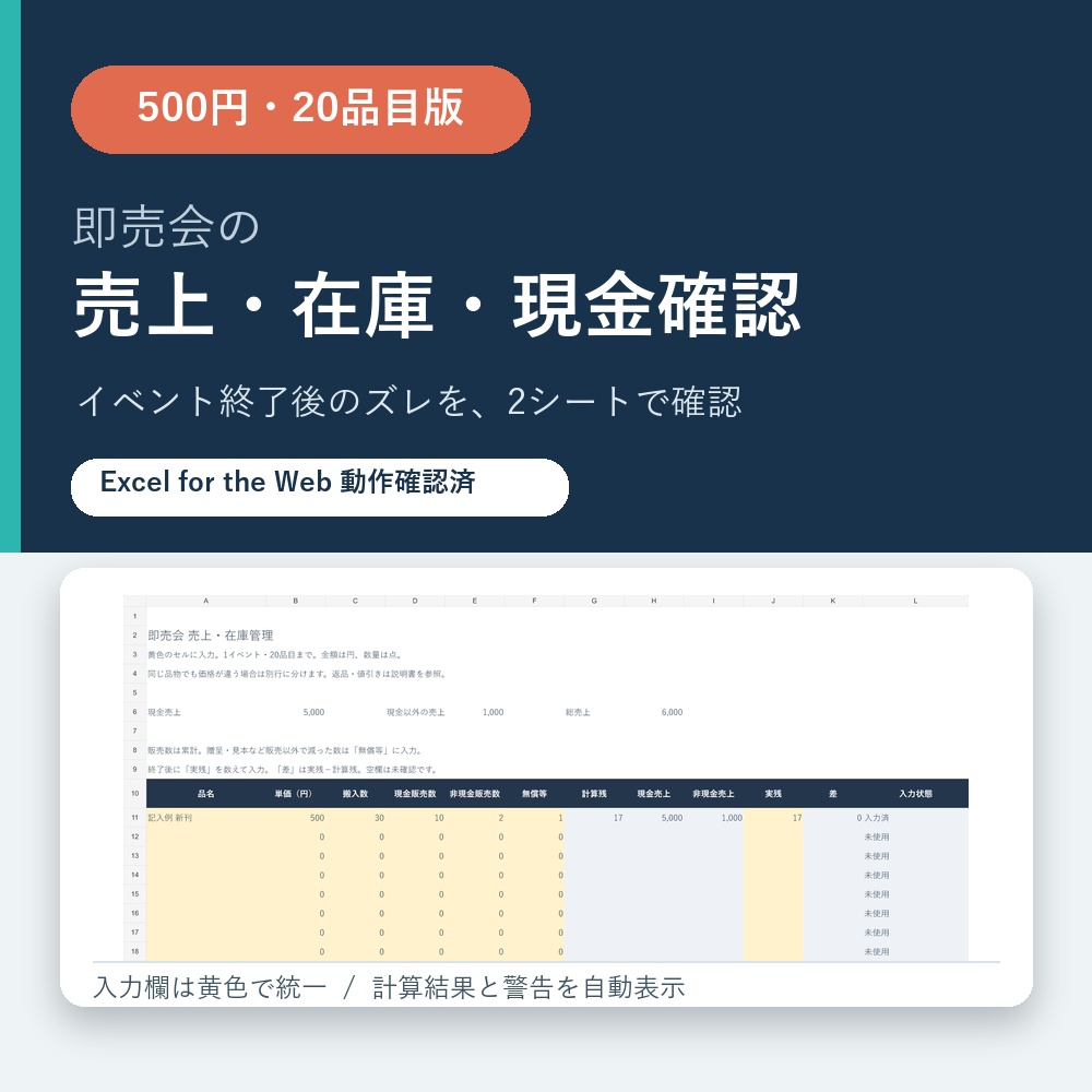 【20品目】即売会の売上・在庫と現金確認 Excelテンプレート